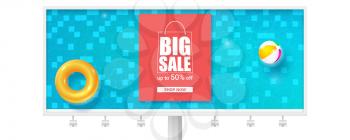 Big summer sale, hot offer in summertime. Realistic billboard. Swimming pool with blue wavering water, inflatable ring, beach ball. Three dimensional vector illustration for events by discount