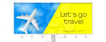 Silver airplane in blue sky with clouds. Billboard with flying plane on blue background. Concept of two-tone advertising poster for travel agencies, travel, journey. Jet commercial airplane.