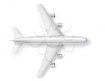 Silver airplane, top view. Vector illustration. Detailed concept of aircraft. Plane for travel. Jet commercial airplane isolated on white background