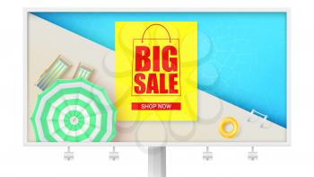 Summer big sale, hot offer in summertime. Realistic billboard with swimming pool, sun umbrella, inflatable ring and beach loungers. Three dimensional vector illustration for events by discount