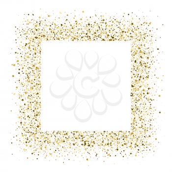 Glittering frame from shining golden dust isolated on white background. Texture with gold glitter. Template for banner, poster, luxury cover.