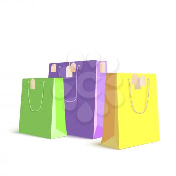 Set of paper, colored shopping bags, resizable vector illustration. Purple, green and yellow bags for shopping with tag on white background