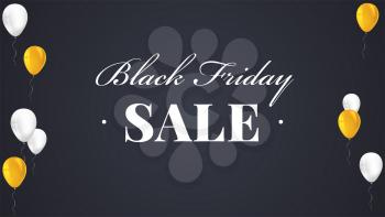 Black Friday Sale Poster with shiny balloons on dark Background with text lettering. Vector illustration. Black sale background.
