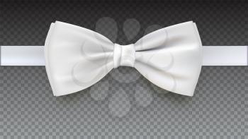 Realistic white bow tie, vector illustration, isolated on transparent background. Elegant silk neck bow.