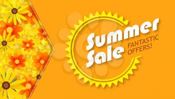 Summer sale, selling banner. hot orange backdrop and field of daisies, yellow flower. Template, mock-up online shopping, advertising, magazines.