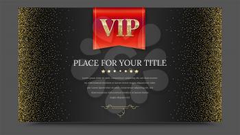 VIP or luxury red flag on black gradient backdrop with golden, shiny, glitter dust. Metallic pattern. Horizontal picture frame. Template for advertisement, VIP or luxury card, selling banner, cover.