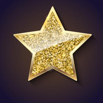 Golden star with glitter and reflex. Glittering toy shaped star with gold border, Christmas ornament. Vector luxury gold star isolated on dark background