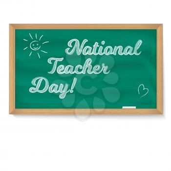 Happy teacher day. School chalkboard with calligraphic text written in chalk. Realistic greeting banner for your congratulations cards.