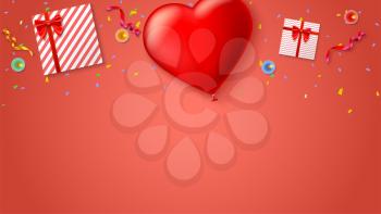 Red inflatable balloon in the shape of a heart with gift boxes, candles, tinsel and confetti on colored background. Template for creative persons. Best background for holiday, festive greetings cards.
