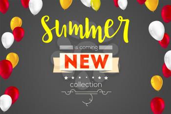 Summer new collection banner. Vintage style text poster with graphic elements and flying an inflatable, colorful, balloons. Template, mock-up online shopping, advertising actions, magazines and other.