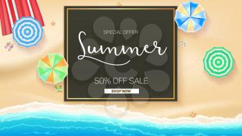 Advertising banner sales with typography. Summer sale 50 percent discount, buy now. Advertising on the background of a sandy beach with sea surf, sun umbrella, starfish and beach Mat