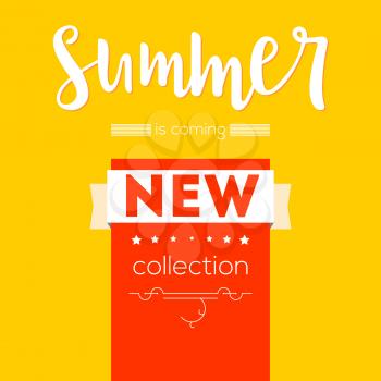 Summer new collection bright advertising banner. Text poster with graphic elements. Red and yellow backdrop. Template, mock-up for online shopping, advertising