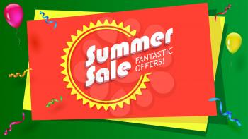 Summer sale, fantastic offer poster. Hot, bright selling banner with graphic symbol of sun and with inflatable balloons, confetti and streamers. Template for online shopping, advertising, sale action.