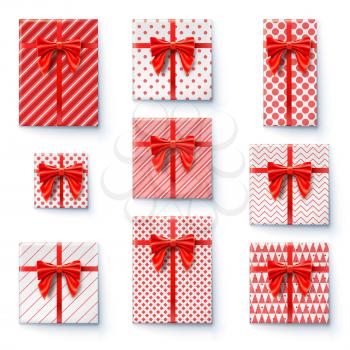 Present boxes with red ribbon and big bow isolated on white background. Flat lay, top view on gift boxes wrapped in paper with simple different pattern. Set of icons for holidays. Vector illustration.