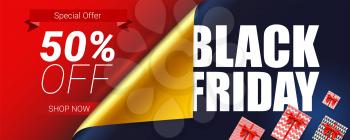 Black Friday Sale. Special offer 50 percent off. Curved corner of open wrap paper. Decoration elements for retail, shopping actions on Christmas and Black Friday. Gift boxes, red ribbon and bow