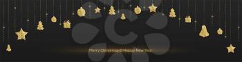 Long banner with are hanging Christmas decorations. Golden christmas toys hang on golden threads and are lighting with glitters. Template for billboard, poster, cover. Vector 3d illustration