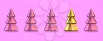 One golden Christmas tree standing out from line others. Metallic pines with reflection and shadow on blue background. Concepts of Individuality and different business idea. Vector 3d illustration