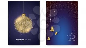 Set of posters for Merry Christmas holidays. Two designs with luxury golden glittering ball, christmas tree, star and bell. Template for design of Christmas greetings. Vector 3d illustration.