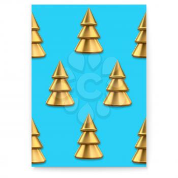 Trendy poster with xmas pattern. Golden Christmas trees. Realistic metallic pines with shadow on blue background. Vector 3d illustration