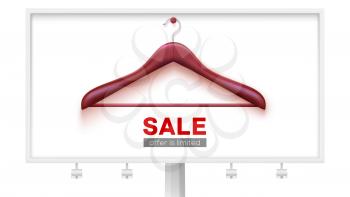 Clearance sale, offer is limited. Empty wooden hanger hanging on wall. Billboard with ad of discount for shopping. Vector banner, 3d illustration