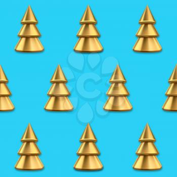 Seamless pattern with golden Christmas trees. Realistic metallic pines with shadow on blue background. Vector 3d illustration