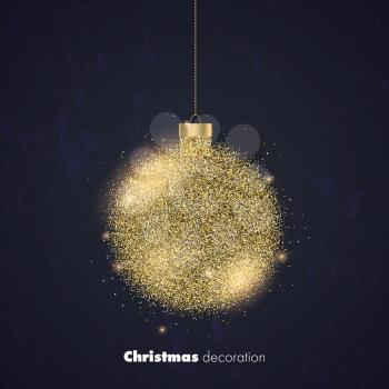 Background for Merry Christmas holidays with luxury golden glitter ball. Template for Christmas decorations, poster, banner, cover. Vector 3d illustration