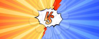 Logo of versus. Letters VS on background in comics style for sports and fight, martial arts, competition. Blue and red background with halftone effect and red lightning. Vector illustration