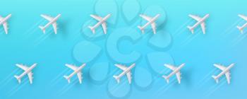 Abstract pattern from flying airplanes on blue background. Realistic 3d planes with trail of smoke and shadow. Vector illustration, eps10.