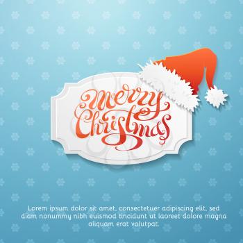 Blue snowflakes background and paper badge with Santa hat. There is place for your text.