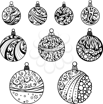 Nine various Christmas balls. Round shapes. Hand drawn circles ornament..