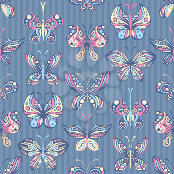 Various butterflies on striped background. Pastel colours. EPS 8.