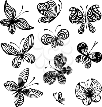 Ten black butterflies isolated on white background. Design elements. EPS 8.