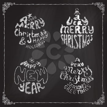 Set of four retro Christmas round designs with hand-written typography on blackboard.