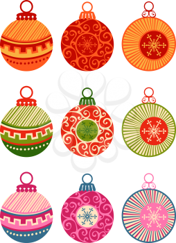 Nine Christmas balls. Round shapes. Hand drawn circles ornament. Festive template. EPS 8.