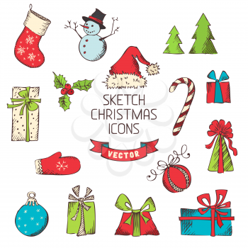 Hand-drawn vintage Christmas objects for your design isolated on white background.