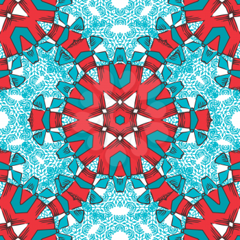 Blue and red background of ornate snowflakes.