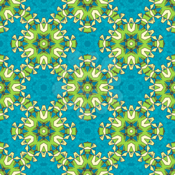 Blue, green and yellow background of ornate snowflakes.