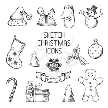 Sketch pencil Christmas objects for your design.