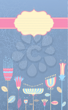 Background with various flowers on blue ornate background. There is blank space for your text. EPS 8..