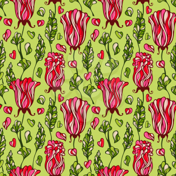 Various flowers and leaves on green background. Seamless pattern can be used for wallpapers, web page backgrounds or wrapping papers. EPS 8.