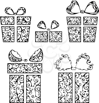 Five black gifts with bows isolated on white background. Ornate objects for your festive design. EPS 8.