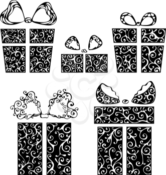 Five black gifts with bows isolated on white background. Ornate objects for your festive design. EPS 8.