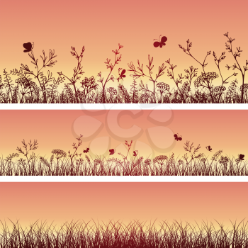 Three horizontal grass templates. Dark silhouettes on sunset background.