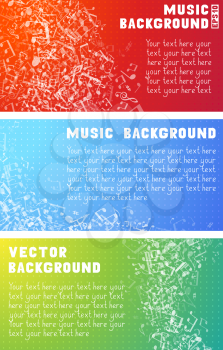 Set of white music elements on red, blue and green backgrounds. Music abstract wave of notes and treble clefs.