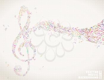 Music notes and treble clefs. Music wave background. Vector illustration. There is place for your text.