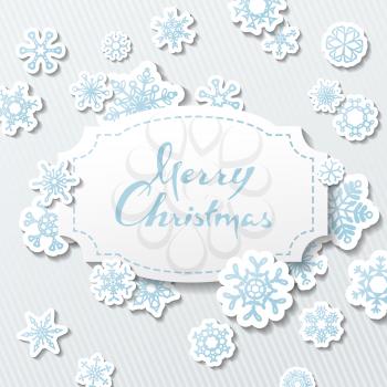 Paper badge with hand-drawn text and paper snowflakes on grey background. Vector illustration.