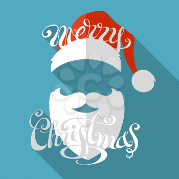 Hand-written text. Santa hat, moustache and beard.