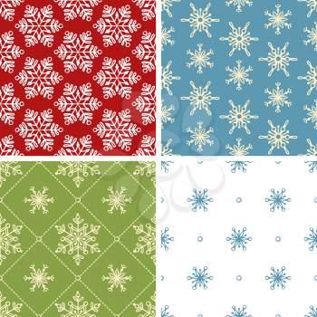 Set of duotone seamless textures of snowflakes. Winter backgrounds. Christmas templates.