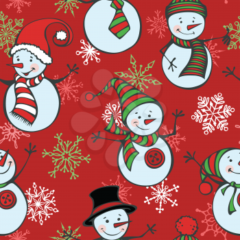 Winter background. Cute cartoon snowmen in vector on red background.