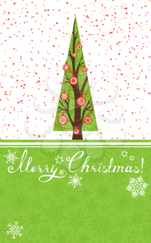 Festive fir with Christmas balls. Hand-written text. Vector illustration for your design. Christmas template. Blank space for your text.
